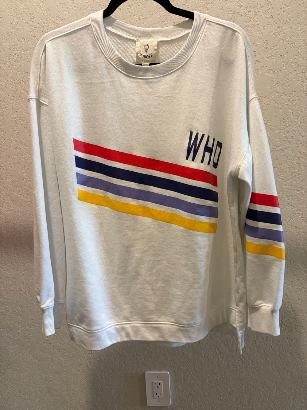 Dubgee by Whoop White Crewneck Sweatshirt with Colorful Stripes